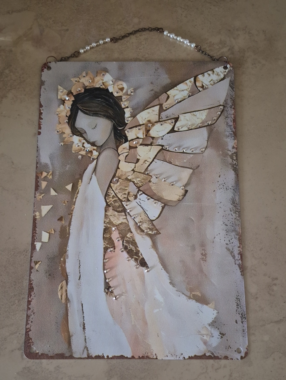 Neiman Marcus Gold and Cream Mixed Media Angel Wall Art Nwot